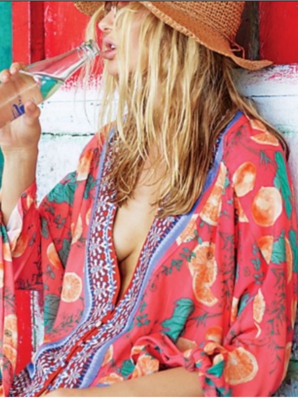 Free People “Freshly Squeezed” Coral Citrus Print V-Neck Blouse